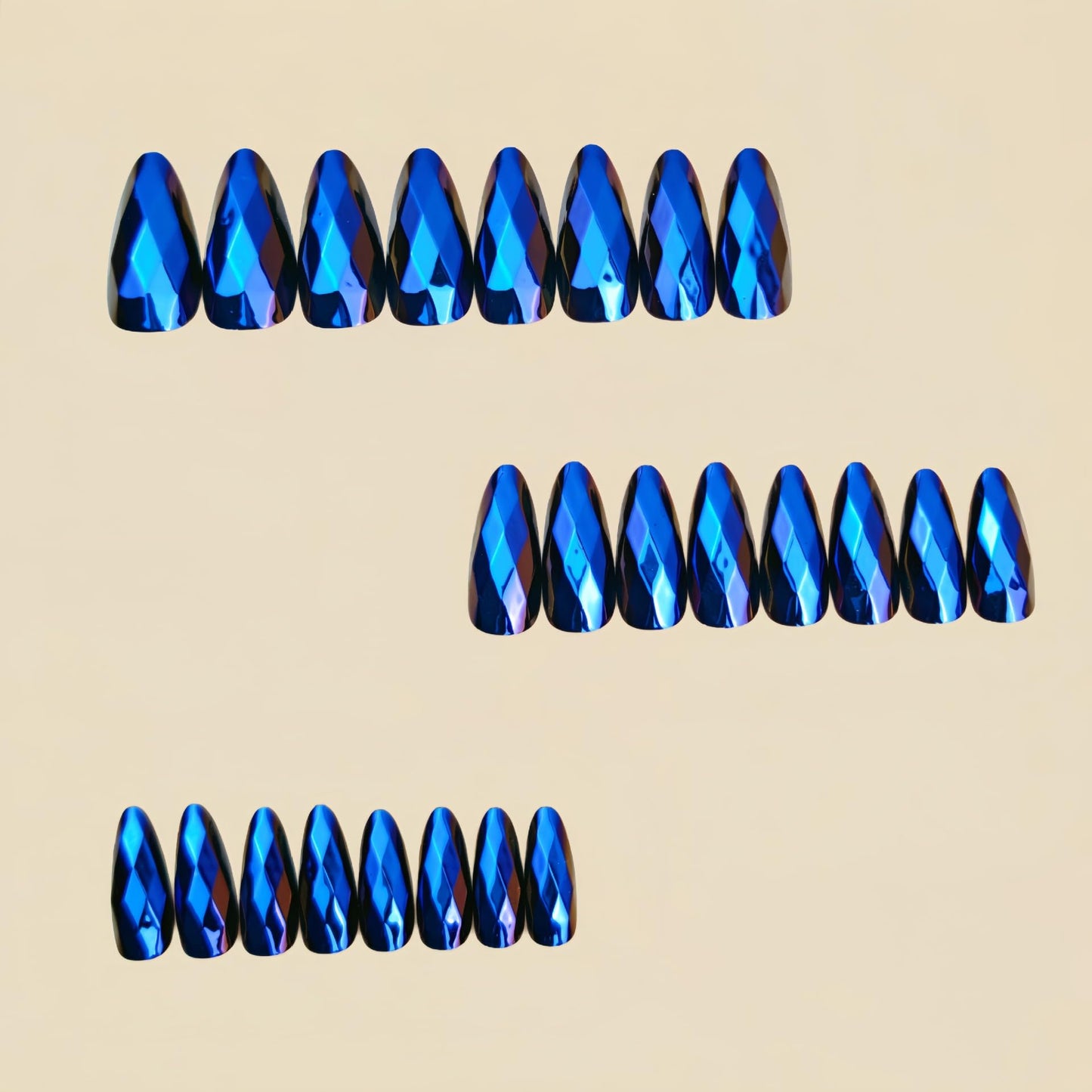 RUOKEXIN Almond Press on Nails Medium Length Fake Nails Blue Chrome False Nails with 3D Rhombus Designs Full Cover Nail Press ons Sparkly Artificial Nails for Women 24Pcs