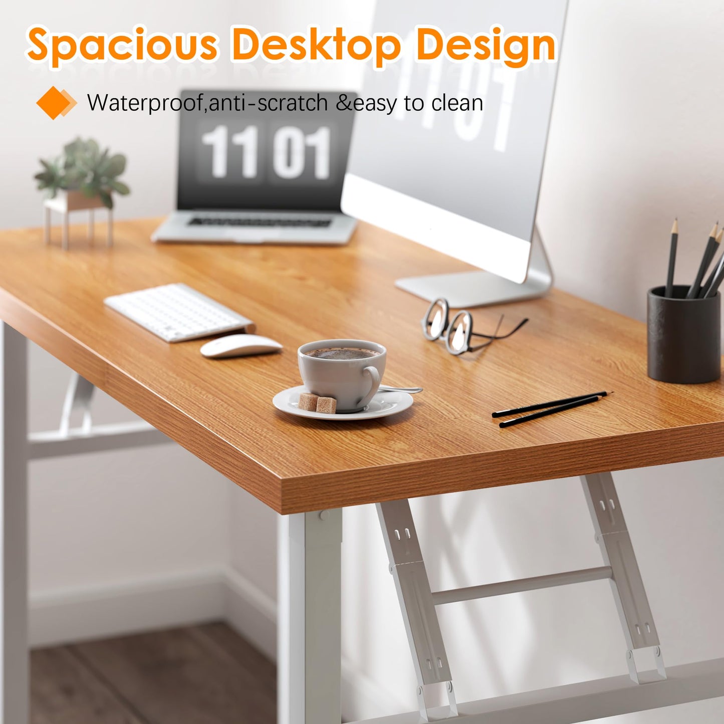 Need Folding Computer Desk - 39.4 Inch Foldable Office Writing Work Study Kids Student Teacher Home Bedroom Table for Small Space, Teak & White