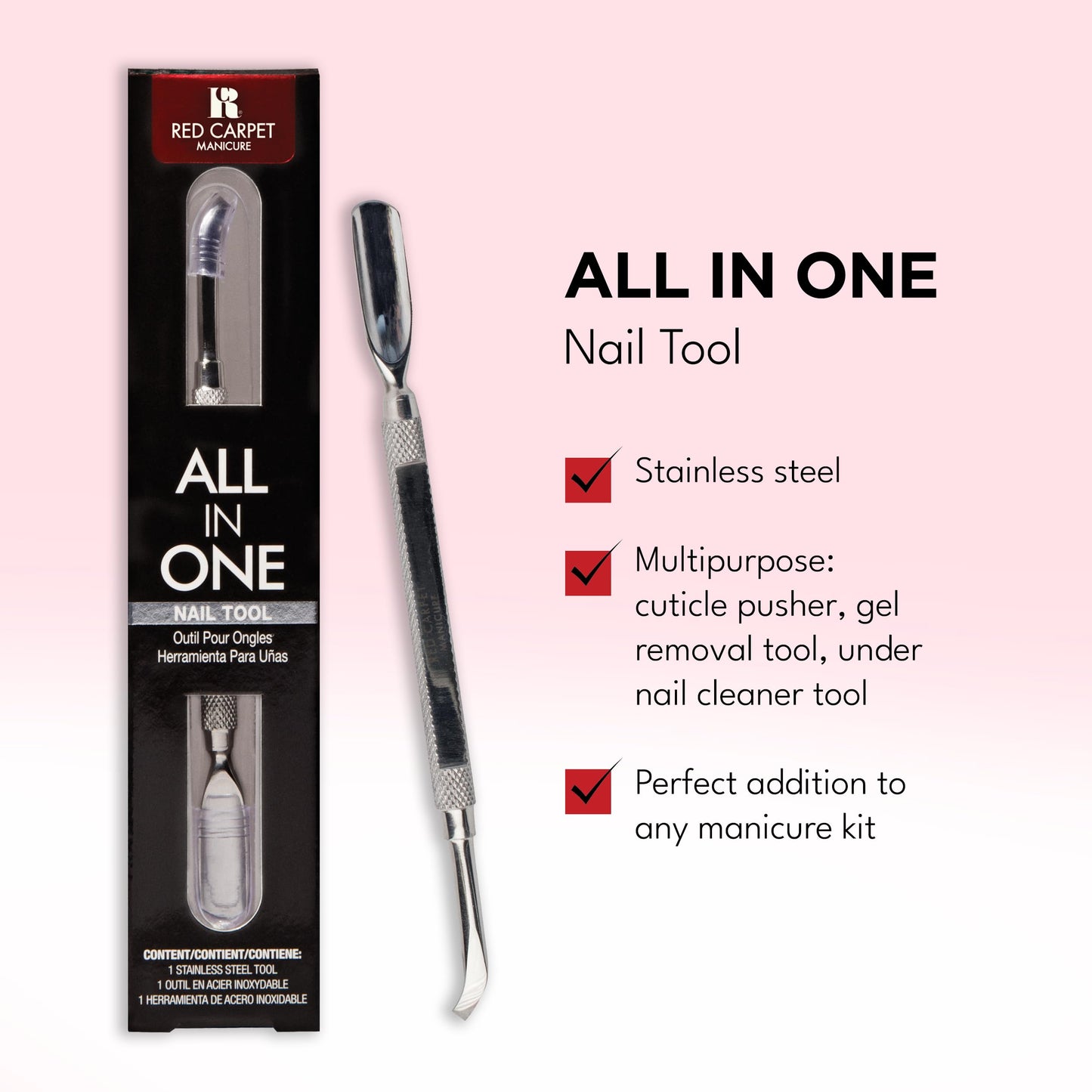 RC Red Carpet Manicure All-in-One Steel – Tool for Gel Nails, Cuticle Pushing, and Removal, Ideal for Gel Nail Tips, Manicures, and Nail Accessories.