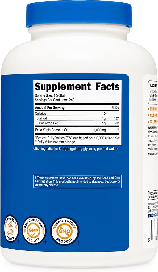 Nutricost Coconut Oil Softgels (1000mg) 240 Softgels - Extra Virgin Coconut Oil - Gluten Free and Non-GMO