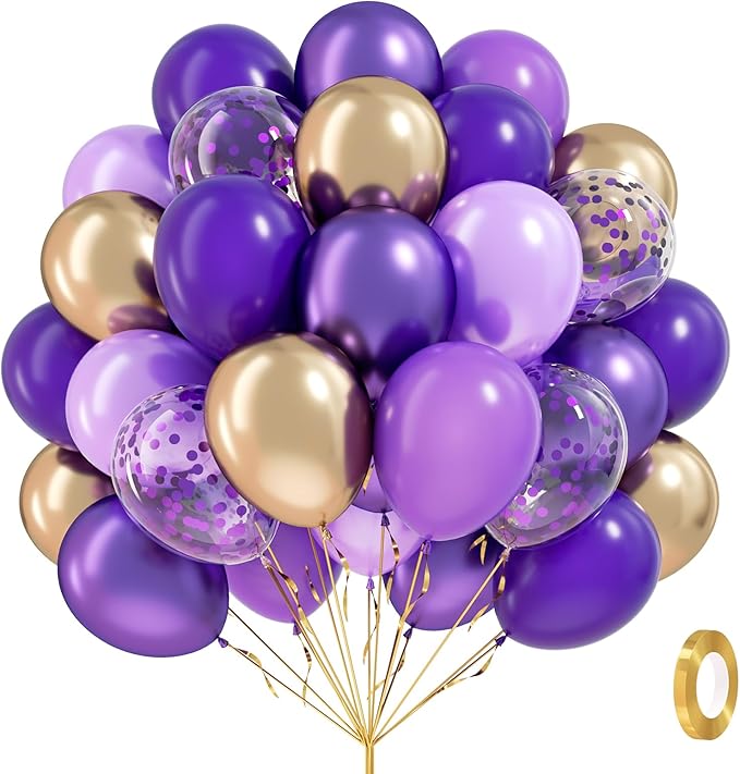 60pcs Purple and Gold Balloons 12inch with Dark Purple Metallic Gold Confetti Latex Balloons for Graduation Wedding Baby Shower Birthday Party Decorations