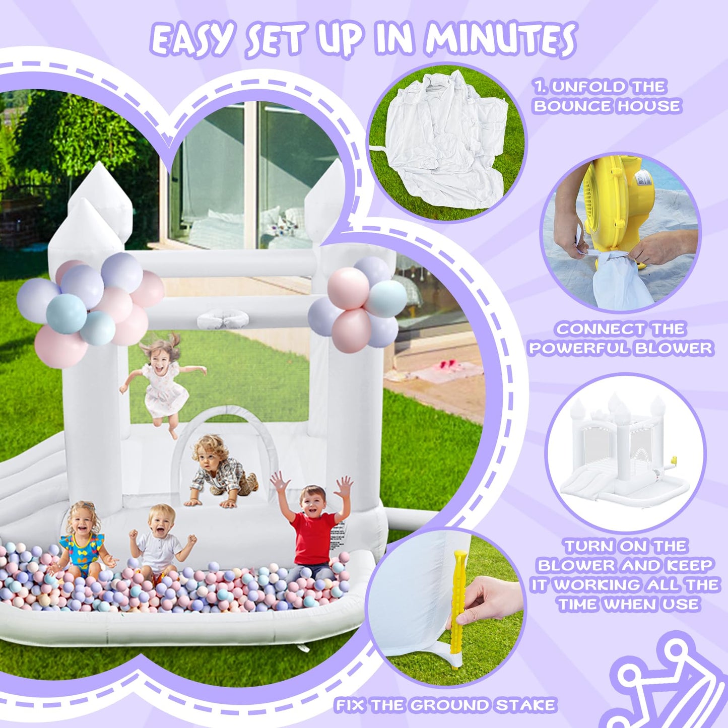 FINCOME White Bounce House, Inflatable Bounce Castle with Double Slide Ball Pit 370W Blower Bouncer for Toddler, Bounce House Bouncy Castle for Indoor Outdoor Backyard Wedding Kids Birthday Party