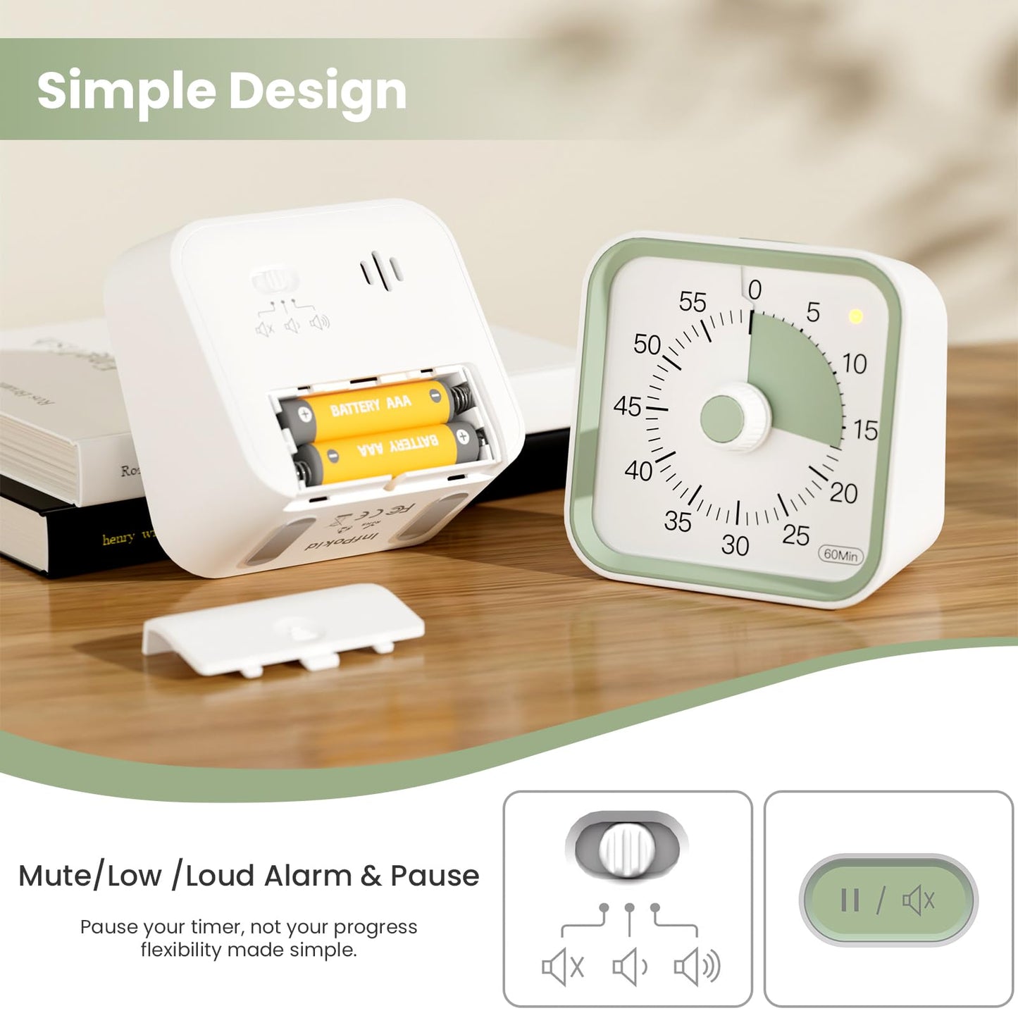InfPokid Visual Timer for Kids with Pause Function, 60 Minute Countdown Timer for Kids Desk Study, Teaching, Kitchen Cooking, Office Meetings, Time Management for ADHD (White)
