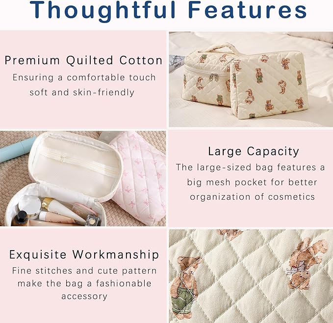 3Pcs Aesthetic Cotton Quilted Drawstring Makeup Bag Set, Aesthetic Cute Bow Makeup Pouch for Girls and Women, Aesthetic Travel Organized Cosmetic Bags for Purse(01Bear)