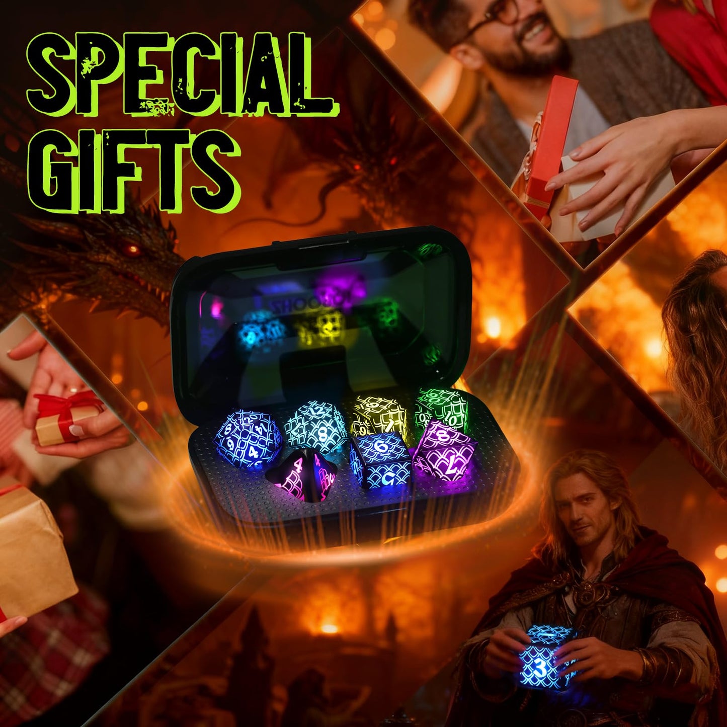 LED Dice with Charging Box，7 PCS RGB Light up Dice for Dungeons and Dragons, Polyhedral DND Dice Set for Tabletop Games Gifts（LL-RGB）