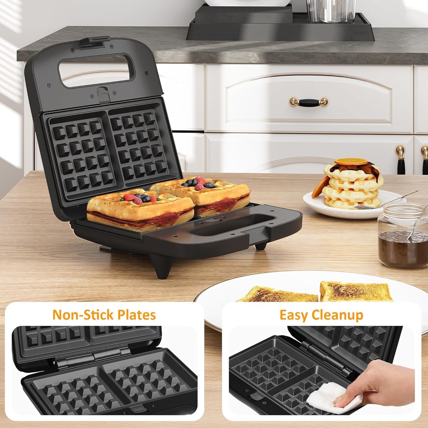 Sunvivi Waffle Iron, Panini Press Grill and Sandwich Maker Set, 3 in 1 Electric Sandwich Press with Removable Non-Stick Plates, Indicator Lights & Cool Touch Handle 750W