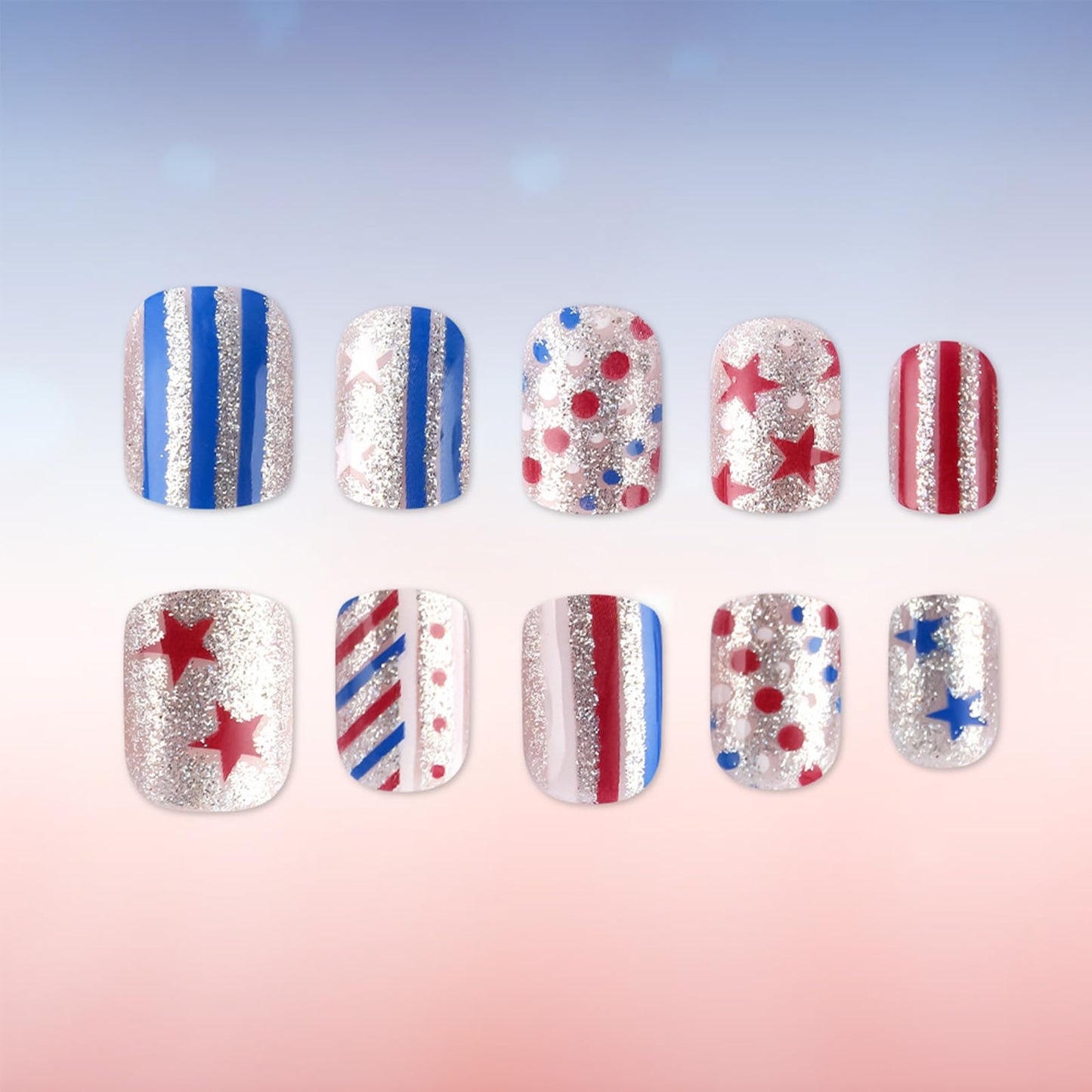 4th of July Press on Nails Short Square Fake Nails Silver Glitter False Nails with Polka Dot Star Stripes Design Independence Day Patriotic Nails Reusable Artificial Stick on Nail for Women 24Pcs