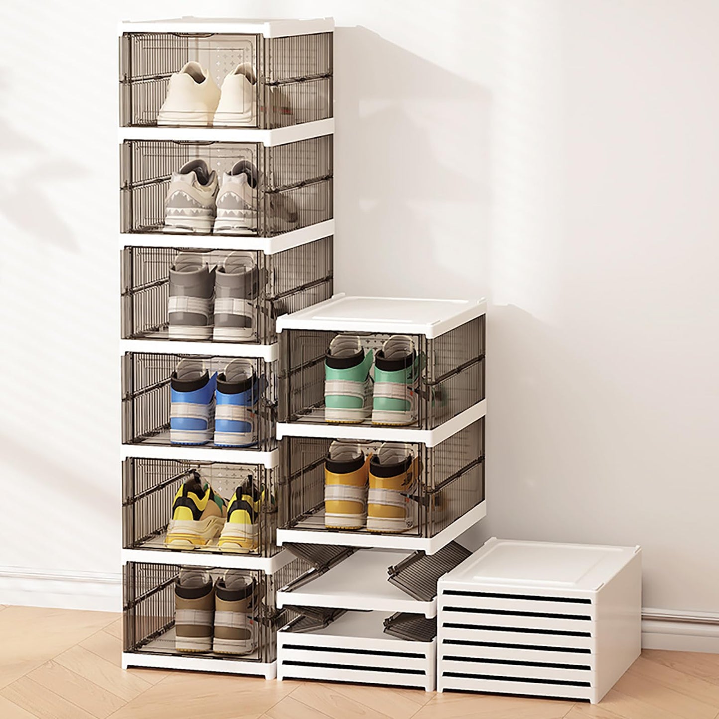 M ACHOOSE Shoe Storage Organizer Box 6-Tier Foldable Collapsible Stackable Shoe Rack Bins, Fit Size 12, No Assembly, for Men and Women (Transparent gray)