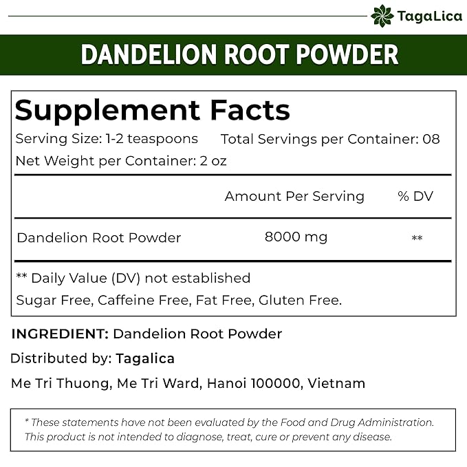 Tagalica, 2 oz Dandelion Root Powder, 100% Natural and Pure from Dandelion Root, No Additives, No Gluten, No Sugar, Vegan
