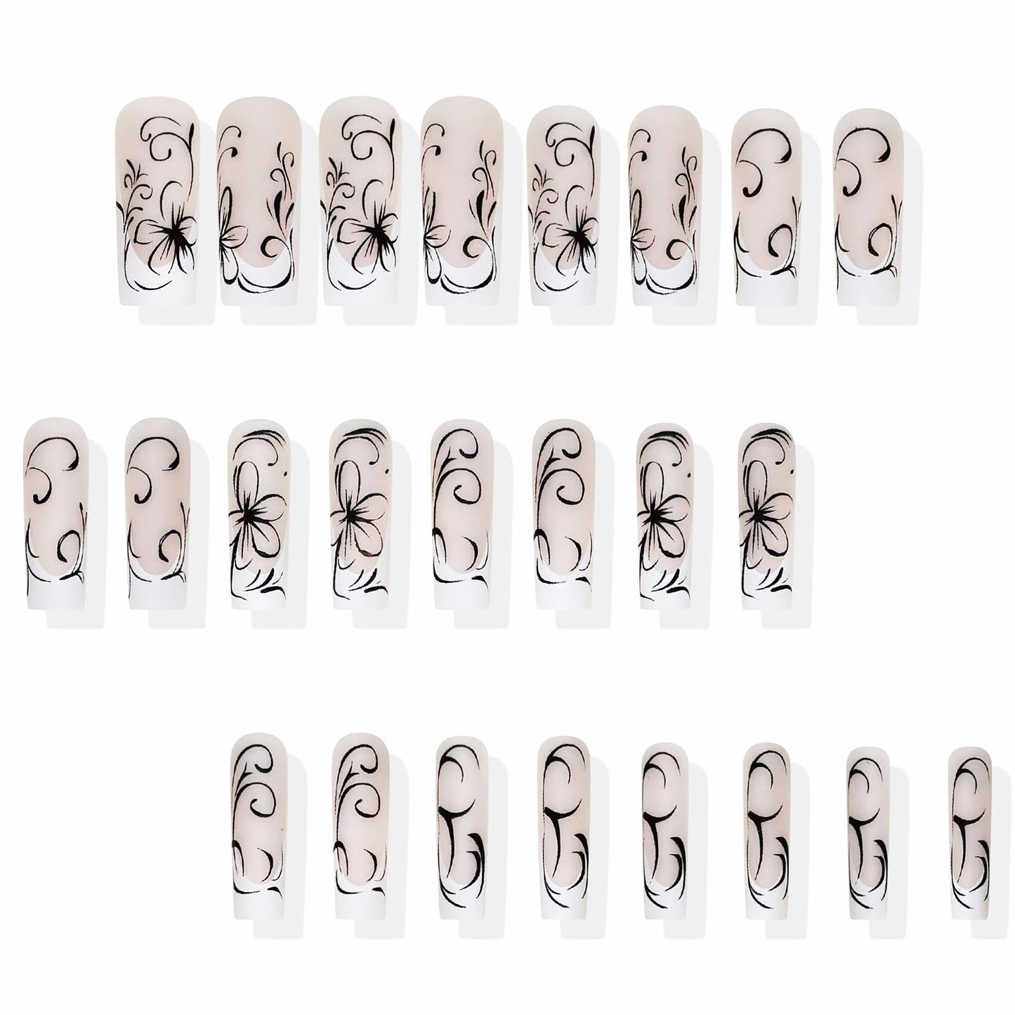 MISUD Press on Nails - Long Square Fake Nails with Matte White French Tip, Acrylic Black Flower Design 24 pcs