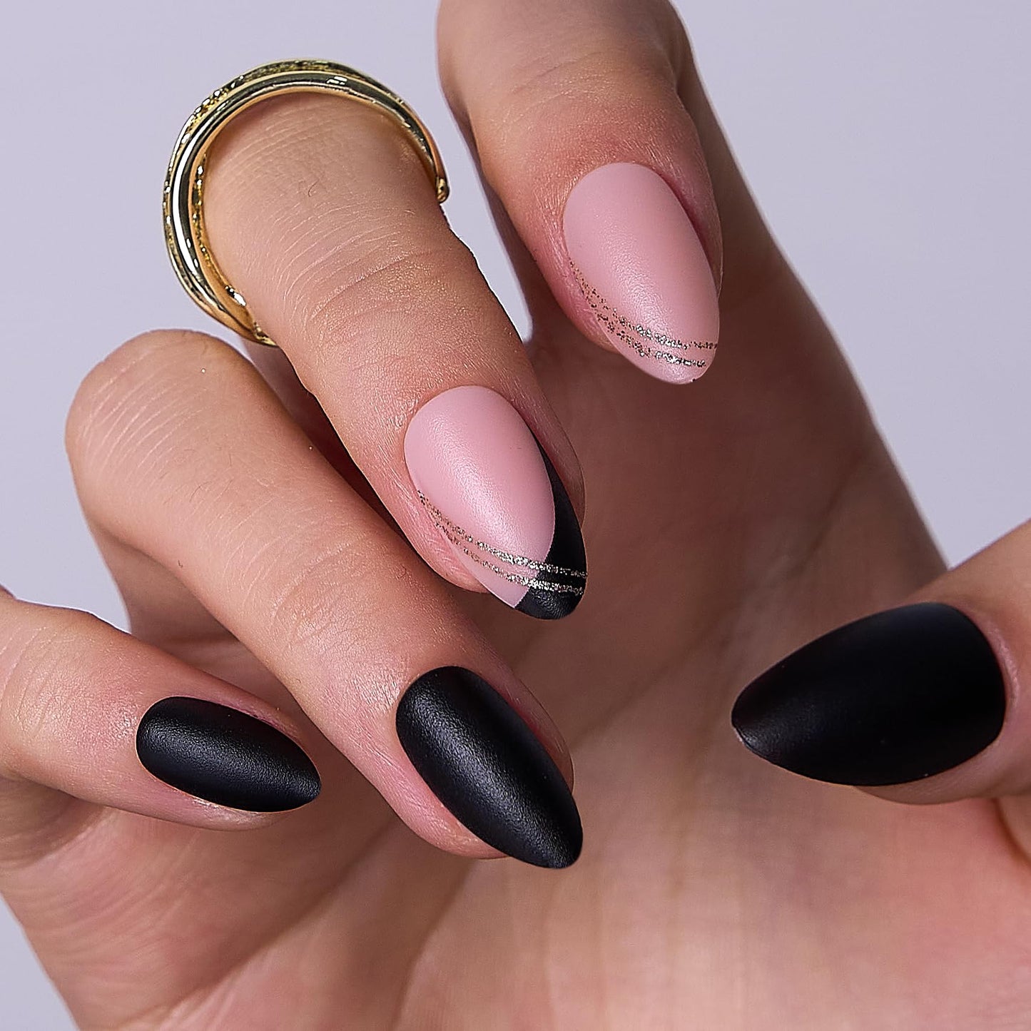 Curvlife Press On Nails Medium Almond - Black Gold French Tip Press on Nails with Glue, Medium Length Matte Black with Gold Line Border False Nails Kit for Women