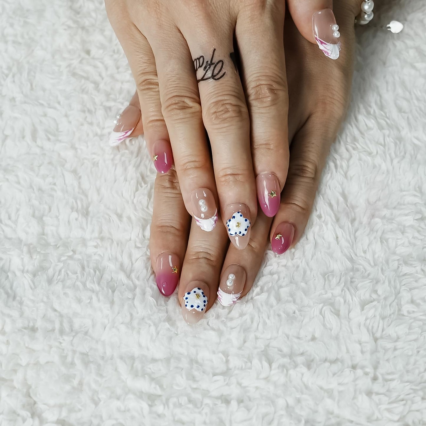 Tesytto 3D Floral Press on Nails Short Almond - Handmade Water Ripple & Pearl Design, Ombre Pink French Tip Summer Mermaid Nails (Coral Violeta,S)