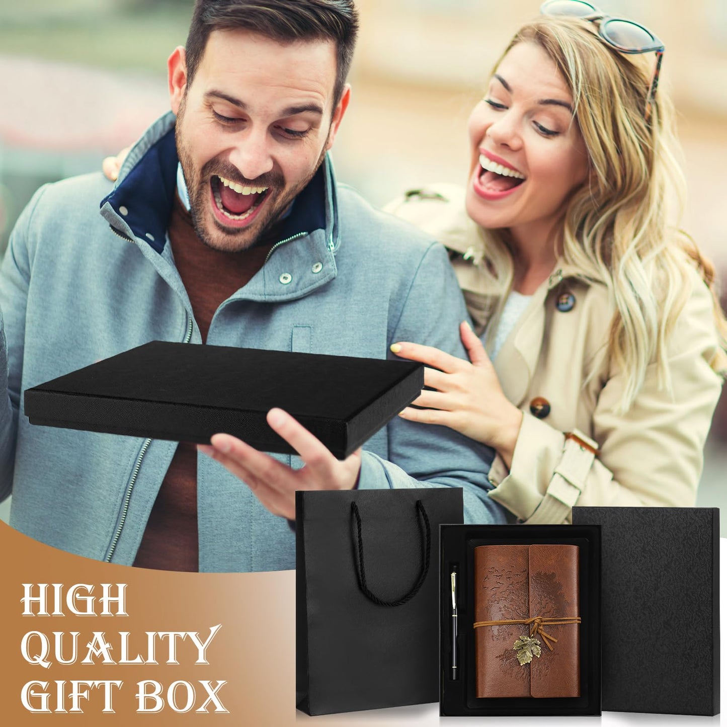 Gueevin Graduation Leather Journal and Pen Gift Set Refillable Notebook and Pen Set with Gift Bag Box 150 Pages A5 Lined Hardcover for Graduation Birthday Holiday Present, Brown