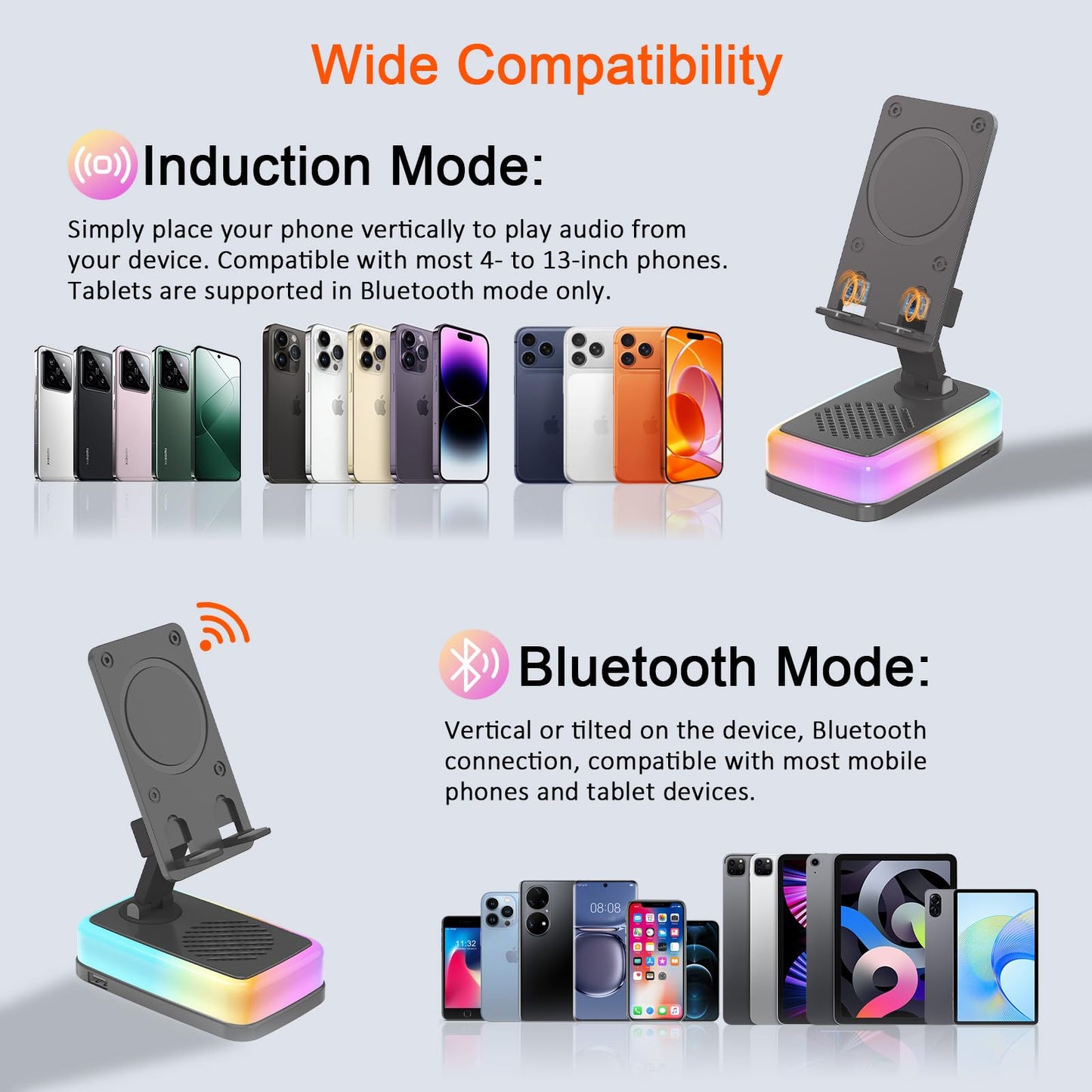 Wireless Induction Speaker with 180° Flexible Phone Stand, Bluetooth 5.3 Speaker for Desk with 3000mAh Emergency Power Bank, 5 in 1 Phone Speaker Amplifier with RGB Light, Gift for Men Women (Black)
