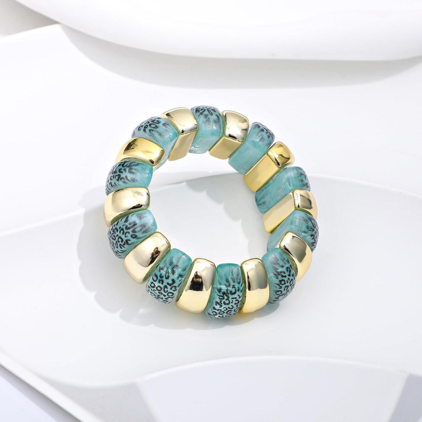 GOOJIDS Leopard Beaded Gold Plated Bangles Bracelet Chunky Bamboo Tube Curved Stacking Clear Acrylic Colorful Beads Stretchable Plated Bracelets Set For Women