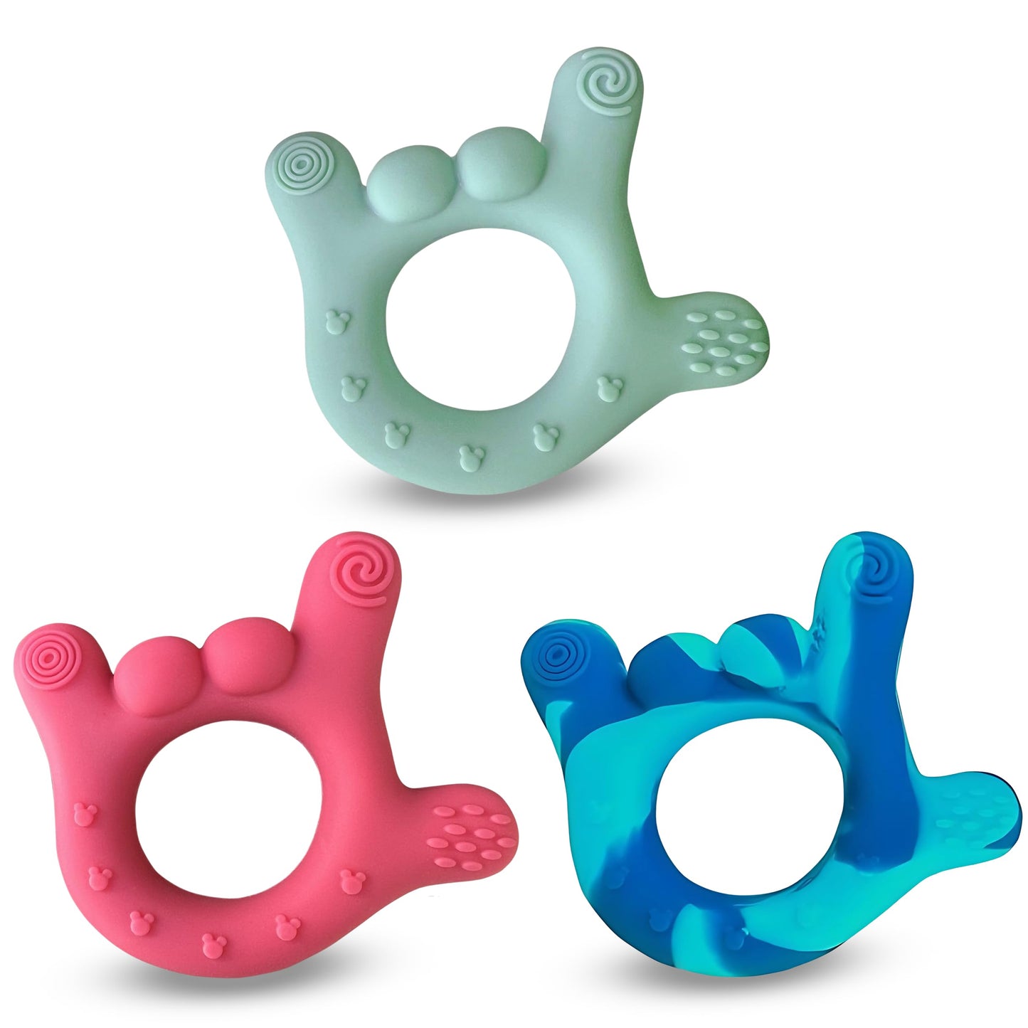 Set of 3 I Love You Silicone Hand Teether, Teethers for Babies 3-6 Months, Soft Teething Toys 6-12 Months bpa Free, Massaging Teething Relief