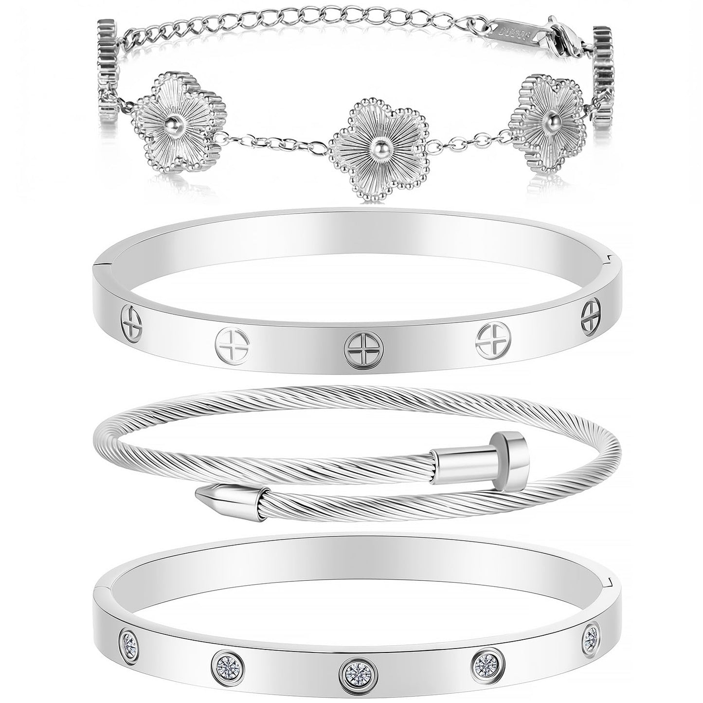 Camhanno Gold Bracelets for Women - Stackable Bangles with Love & Friendship Theme - Stainless Steel Jewelry Gift for Her (Bracelet Stack 4Sets (Floral Silver Bracelets,Bangle))