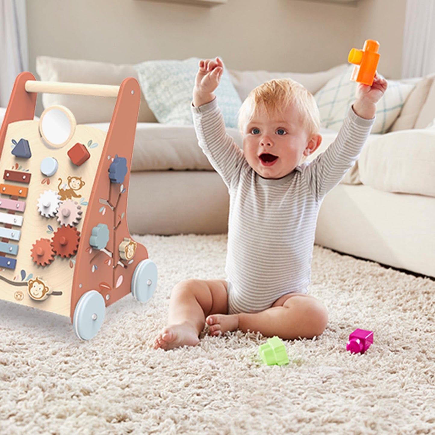SPEEDY MONKEY Multi-Activity Wooden Baby Walker | 9-in-1 Toddler Toy Includes Shape Sorter, Bead Maze, Xylophone, Blocks & More | Learning Toy for Fine Motor Skill, Early Development & Balance