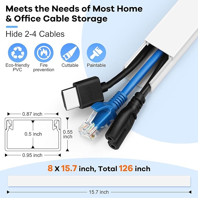 126in Cord Hider Kit, Wire Covers for TV on Wall, Paintable Cable Management Kit, Cable Cover for Mounted TV, Hide Wires Along Wall, Grey Cord Cover, 8xL15.7in W0.95in H0.55in