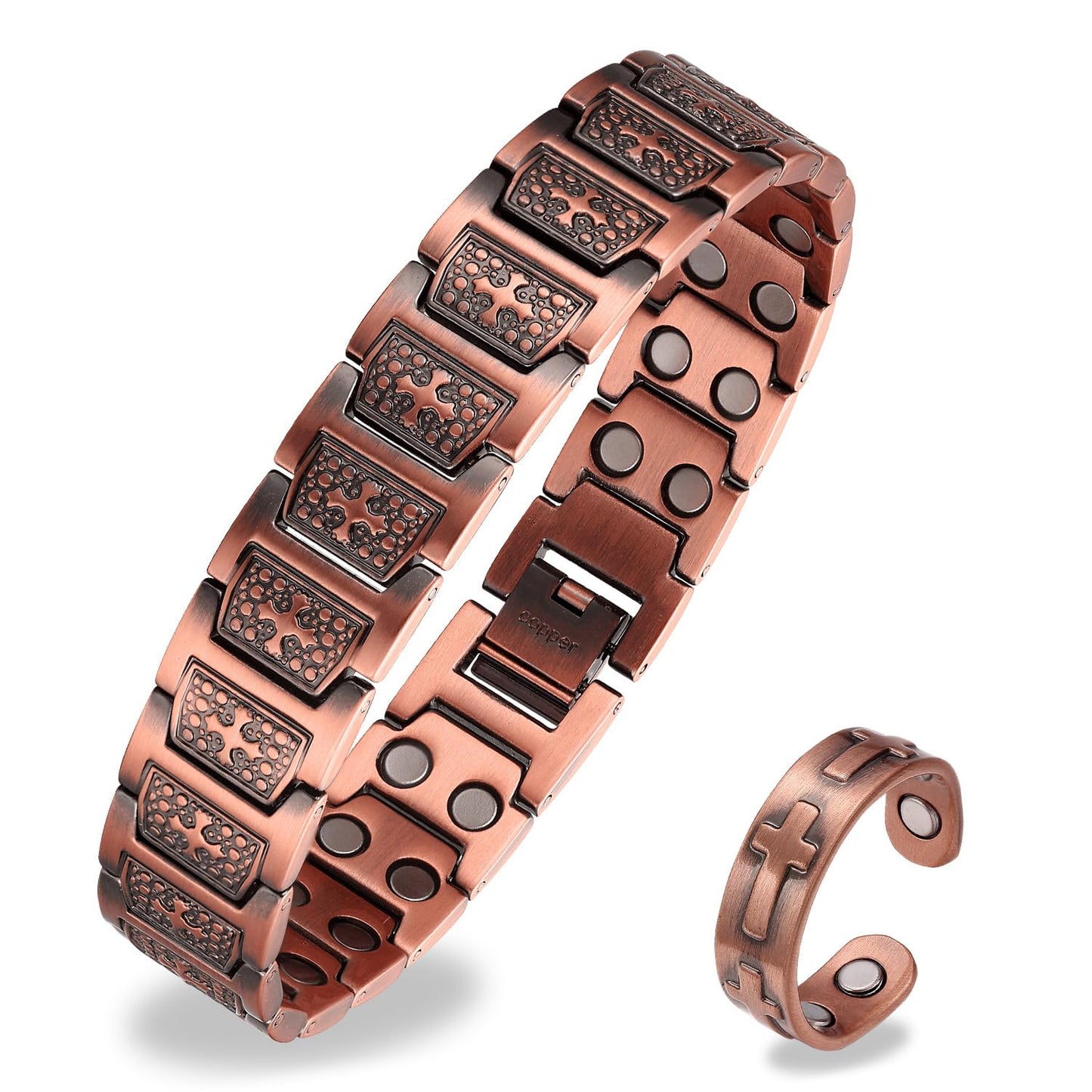 Fashtour Copper Cross Bracelet for Men, Ultra Strength Copper Bracelet & Ring Set Include Adjustable Link, Jewelry Gift