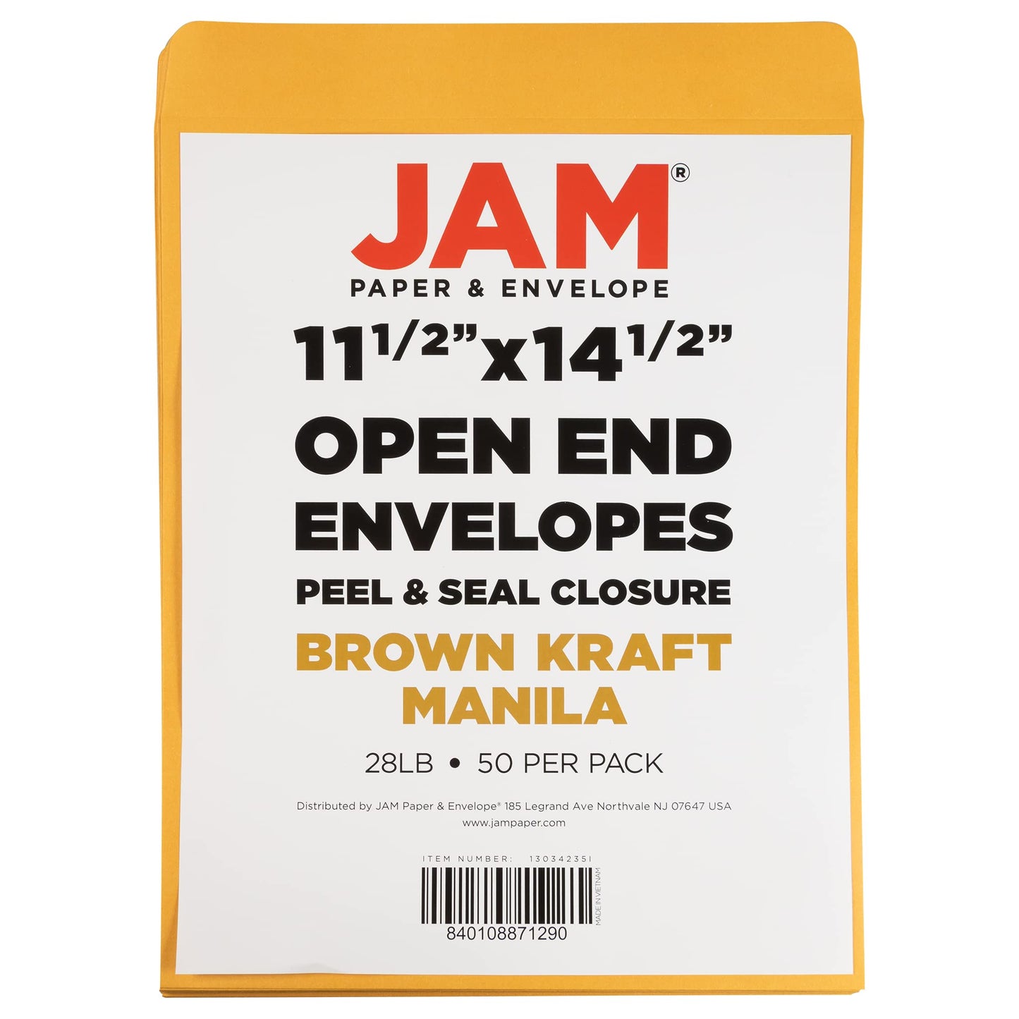 JAM PAPER 11 1/2 x 14 1/2 Open End Catalog Commercial Envelopes with Peel and Seal Closure - Brown Kraft Manila - 50/Pack