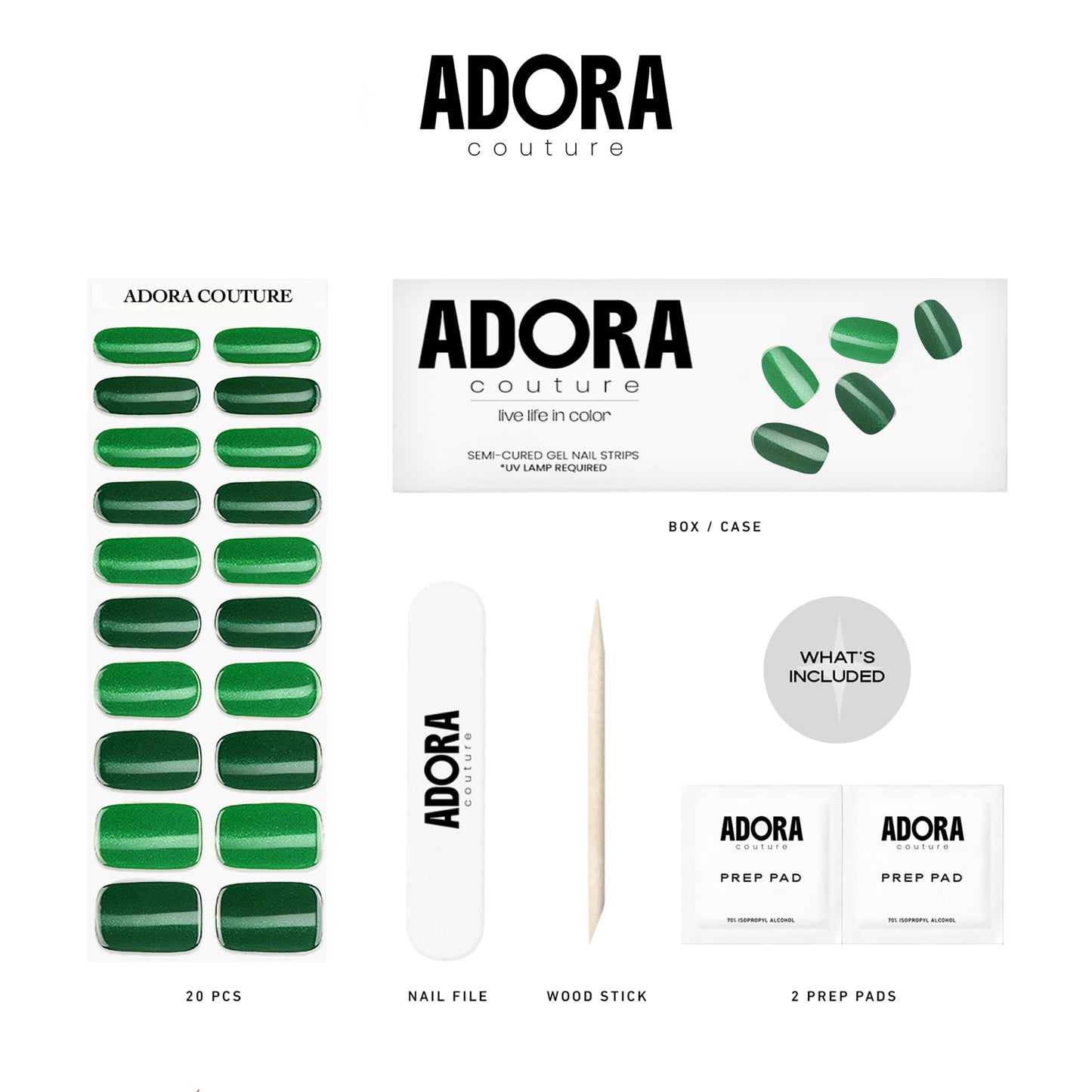 Semi-Cured Gel Nail Strips - 20 Salon-Quality Gel Sticker with UV Light Required, Long Lasting, Easy Application & Removal, Includes Prep Pad, Nail File, Wooden Stick (Emerald Allure)