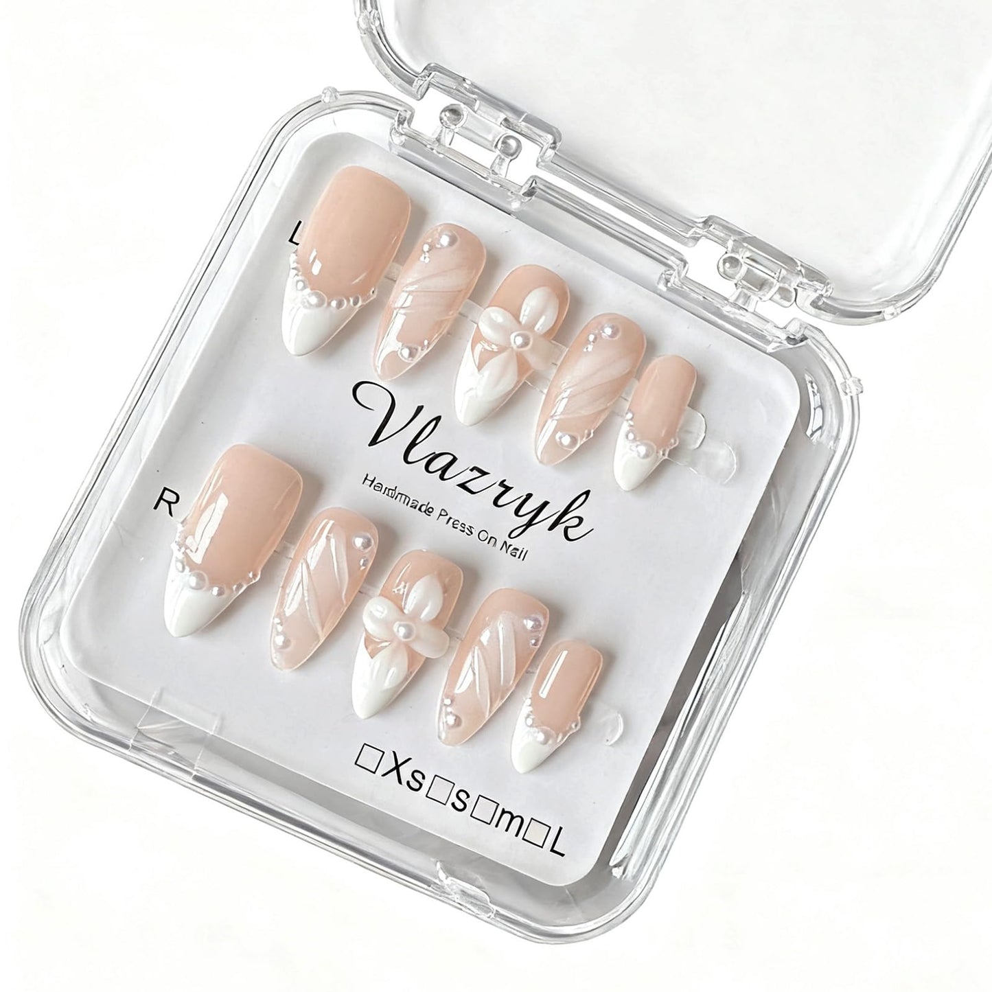 Handmade Press On Nails – Short Almond False Nails for Women, Reusable Acrylic White French Tip with Pearl & 3D Flowers Design – Salon Quality Fake Nails (M-10PCS）