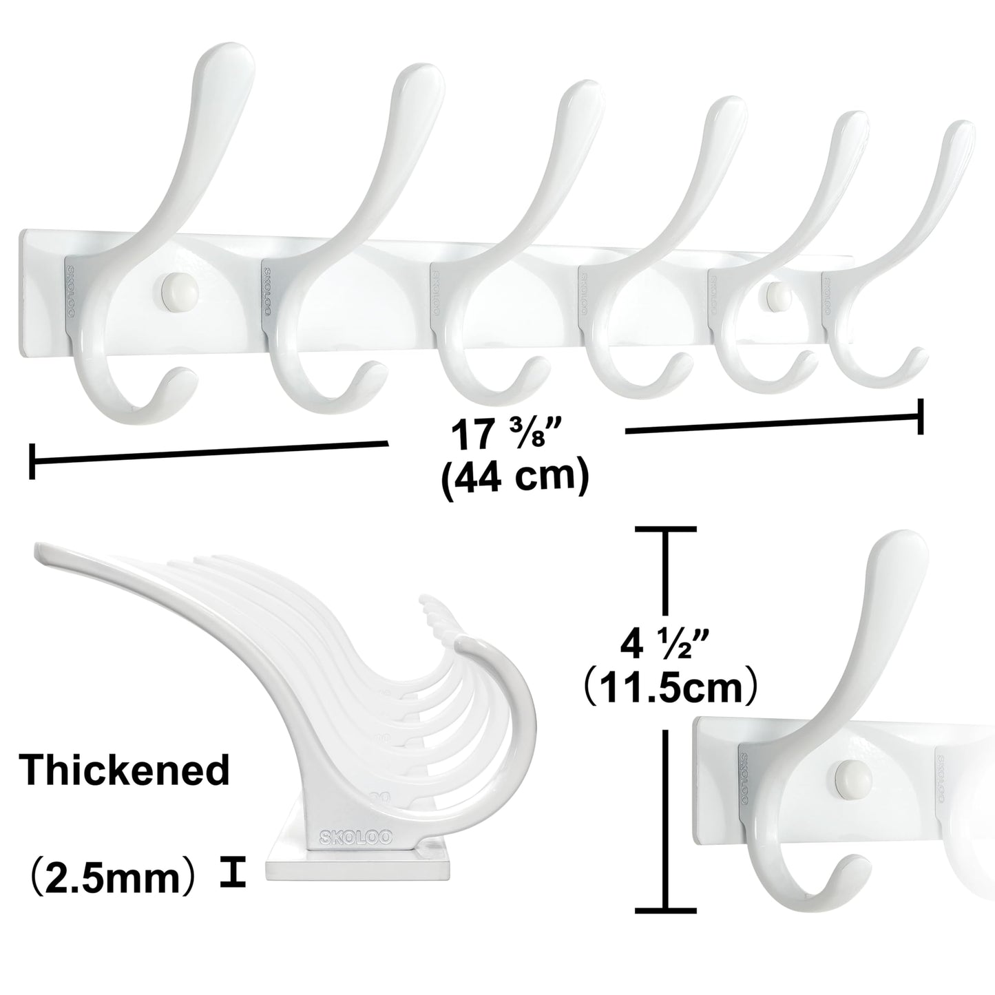 SKOLOO Heavy Duty Wall Mounted Coat Rack - 6 Hooks, Stainless Steel, Sturdy Coat Hooks for Hanging Clothes, Jacket, Hat, White