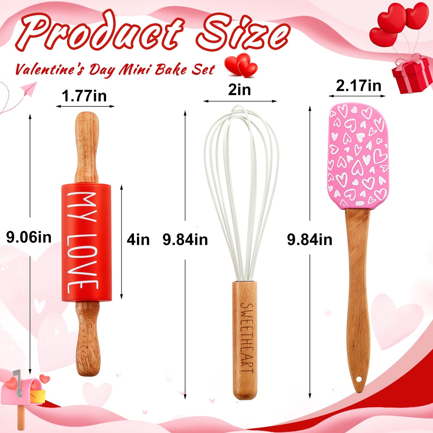 Fuutreo Valentines Holiday Mini Bake Set with Mini Spatula, Whisk and Rolling Pin, Sweetheart Pattern, Heat Resistant, Valentine Sweet Gift Bake Set for Baking Cooking Sauteing Mixing Serving Stirring