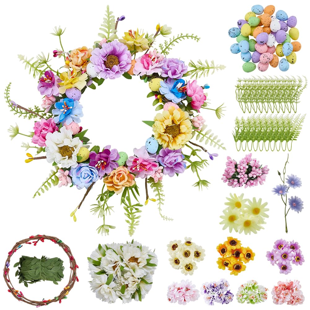 ACRNIGHEET 10 Sets Easter Wreath Kit with Eggs DIY Spring Flower Crown Kits for Indoor Outdoor Holiday Party Table Centerpiece Front Decoration