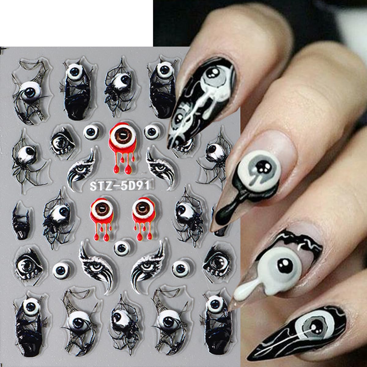 8 Sheets 5D Halloween Nail Stickers Horror Gothic Nail Decals Punk Nail Supplies Embossed Skull Clown Evil Eyes Lip Wing Bone Ghost Spider Web Halloween for Nail Art Stickers Women DIY Nail Decor