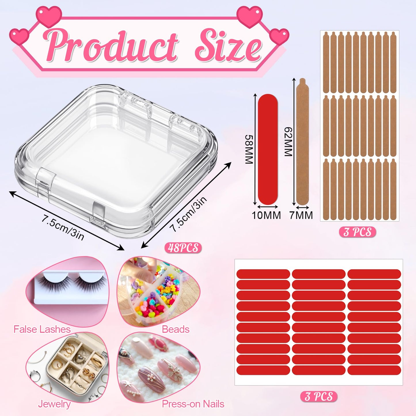48 Pcs Press On Nail Packaging Box, Press On Nail Storage Box with 180 Pcs Adhesive Double Sided Tape, Acrylic Artificial Nails Display Case for Nails Salon