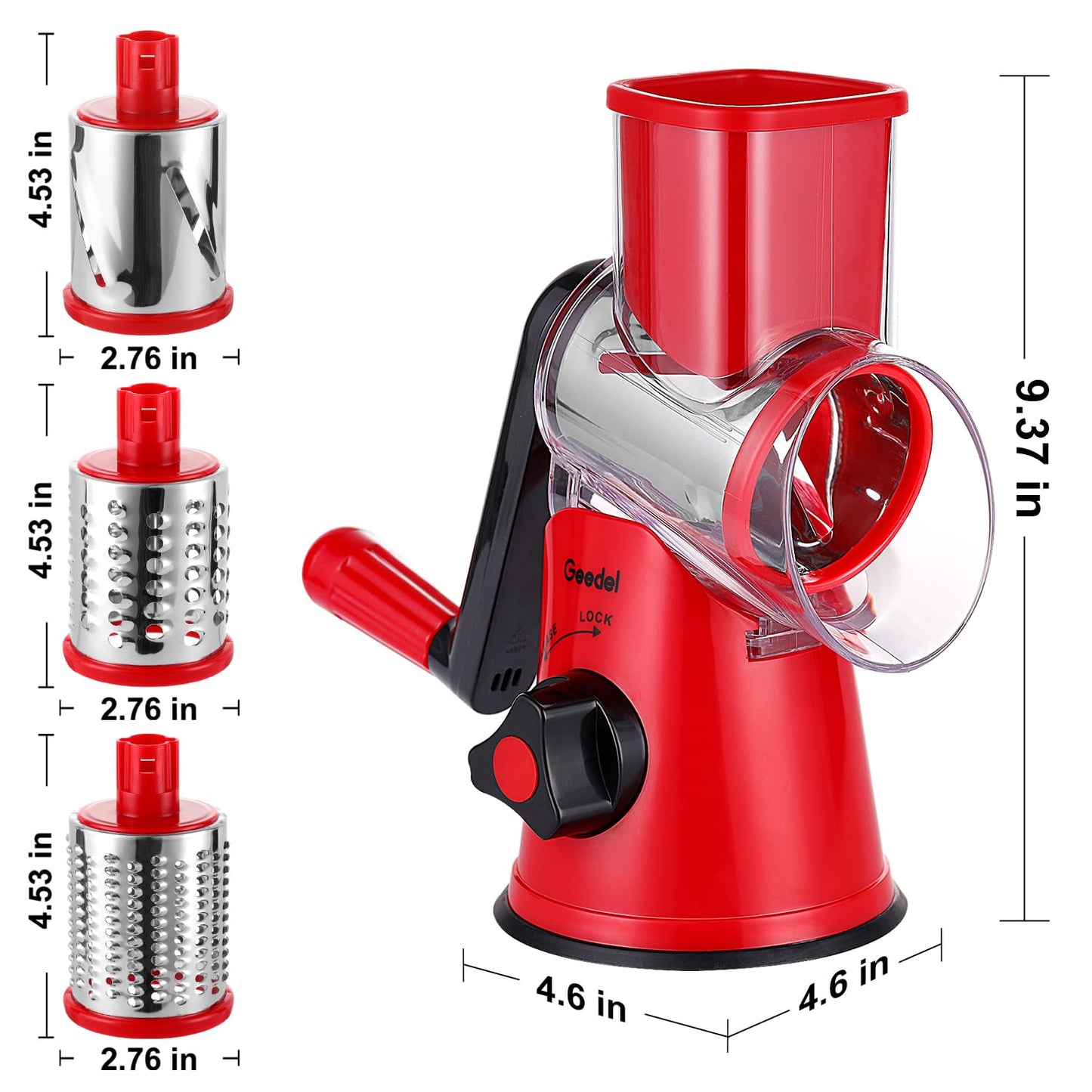 Geedel Rotary Cheese Grater, Kitchen Mandoline Vegetable Slicer with 3 Interchangeable Blades, Easy to Clean Grater for Fruit, Vegetables, Nuts