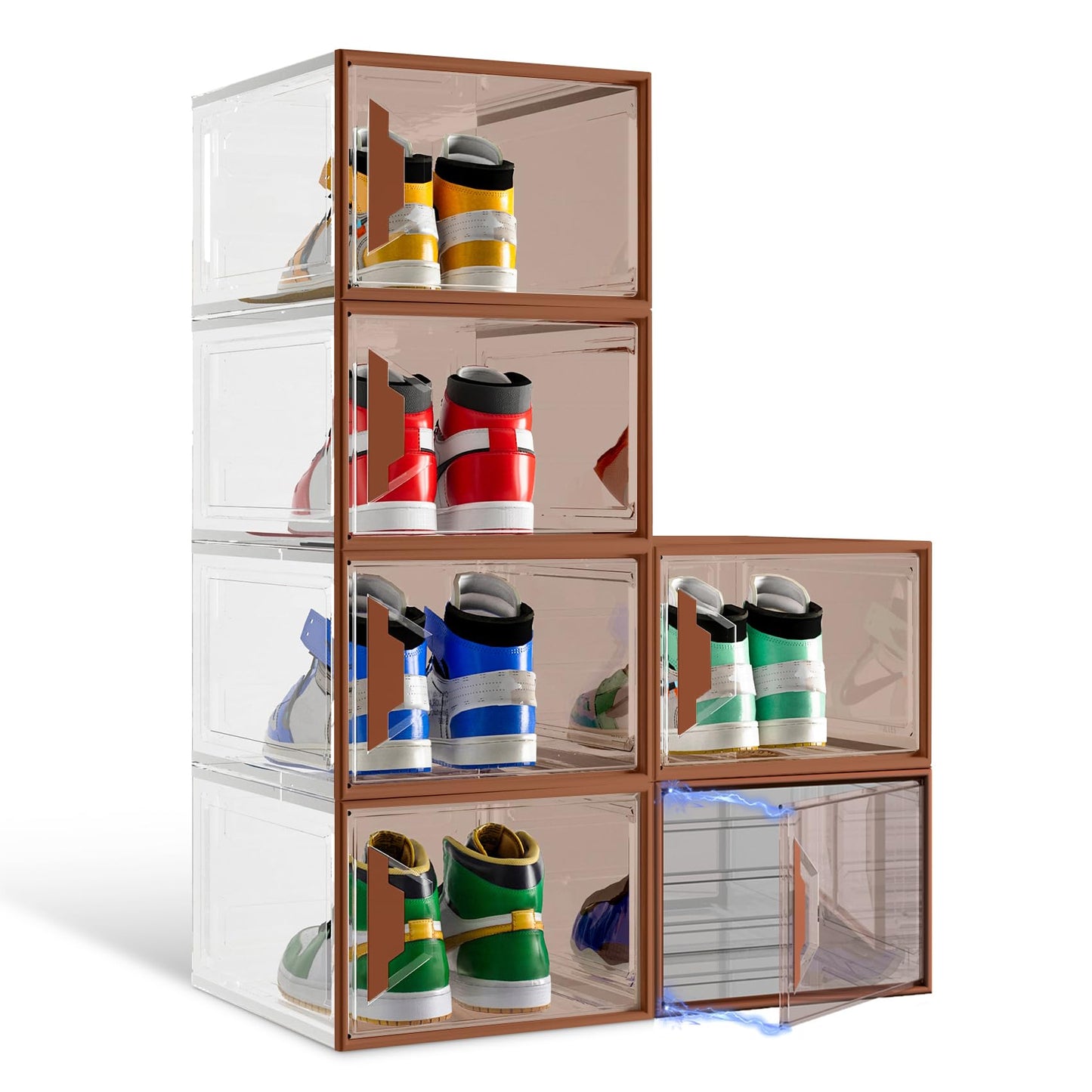 ADTO X-Large Stackable Shoe Boxes - Clear Plastic Shoe Storage Boxes with Magnetic Door, Thicken Shoe Organizer for Closet, Space Saving Foldable Shoe Containers Bins for Sneaker Boot - 6 Pack(Brown)
