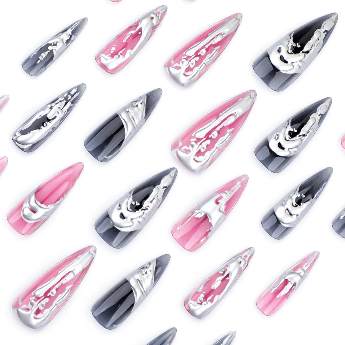 MISUD Press on Nails - Long Stiletto Glue on Nails with Goth Pink Black, Acrylic 3D Silver Chrome Design 24 pcs