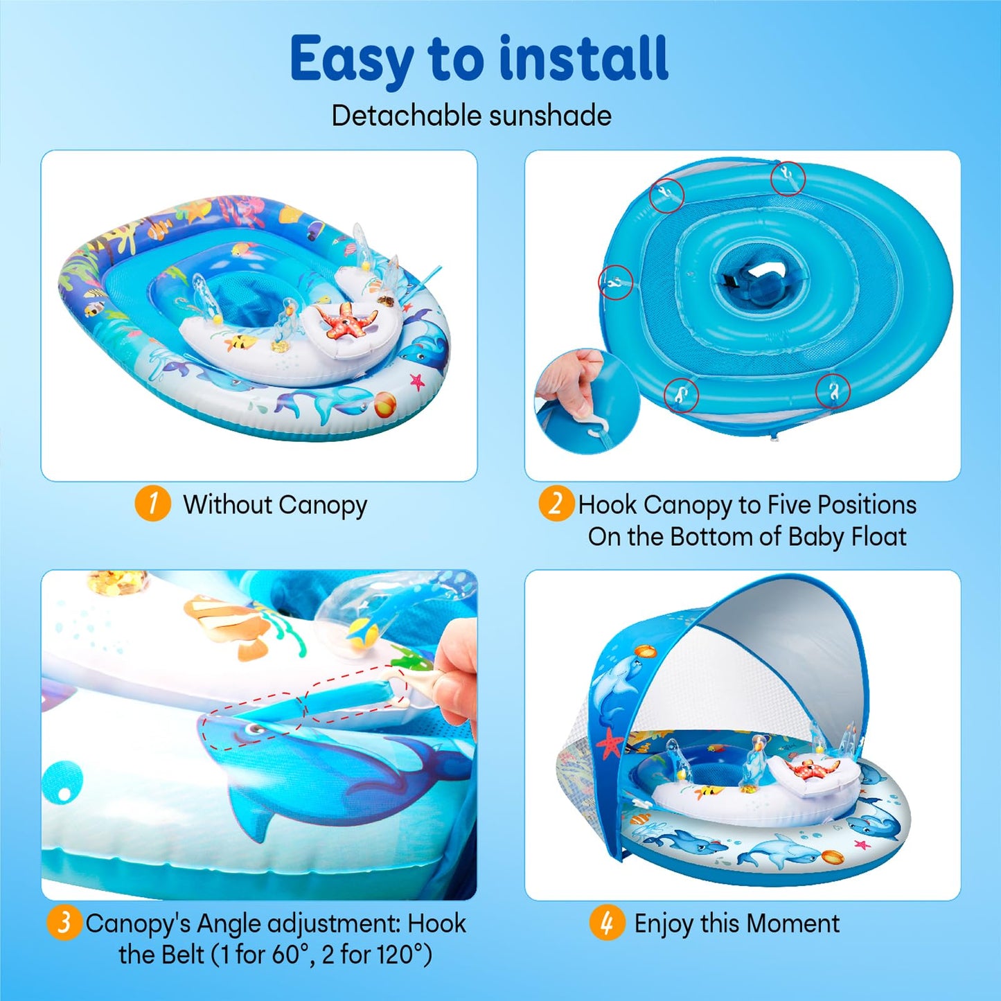 Foxgor Extra Large Baby Pool Float with UPF50+ Canopy, Anti-Flip Double Air Chambers, Adjustable Seat for Infant Toddler 6-36 Months, Ocean Toys | CPC Certified | ASTM F963 | for Pool Beach