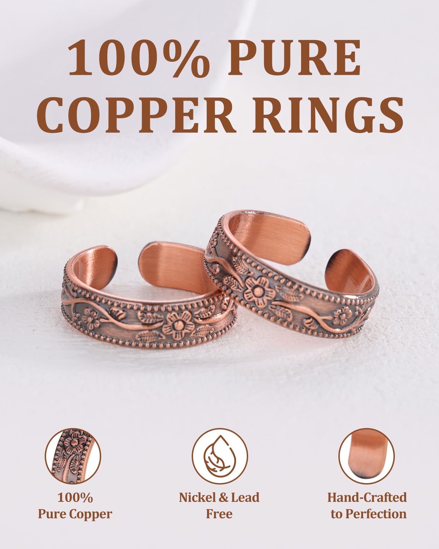 Fashtour 100% Pure Copper Rings for Women & Men (Two-Pack) — Solid Raw Copper — Uncoated Handmade Adjustable Open-End Tibetan Style Rings (Floral)