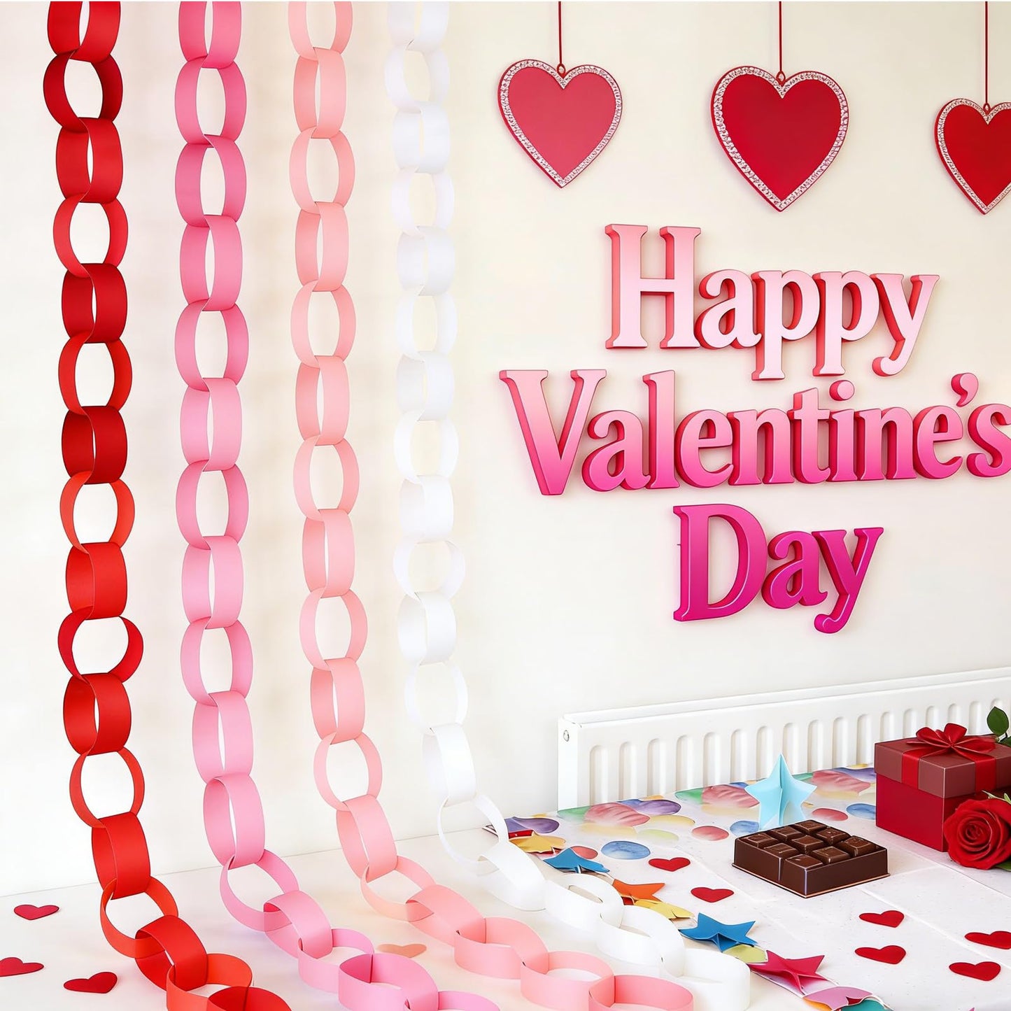BOUBONI 600 Pieces Valentine's Day Paper Chains Paper Strips 1 x 7 Inch for Wedding Party Decorations DIY Crafts Favors (Pink & Red & White )