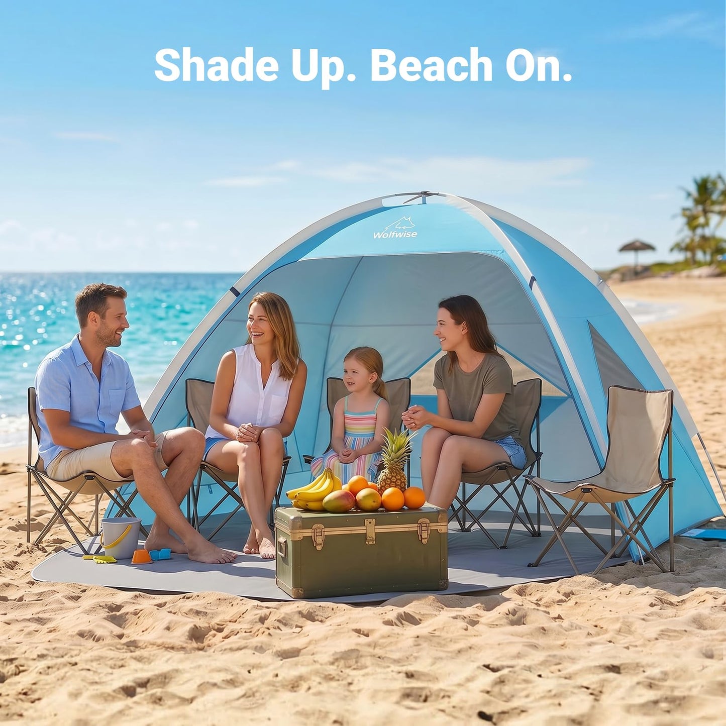 Wolfwise Large Beach Tent Sun Shelter for 3-4 Person, Spacious Sun Shade UPF 50+ UV Protection, Extendable Floor for Privacy, 3 Ventilated Mesh Windows, Portable with Carrying Bag, 95 ″x65″x55″, Blue