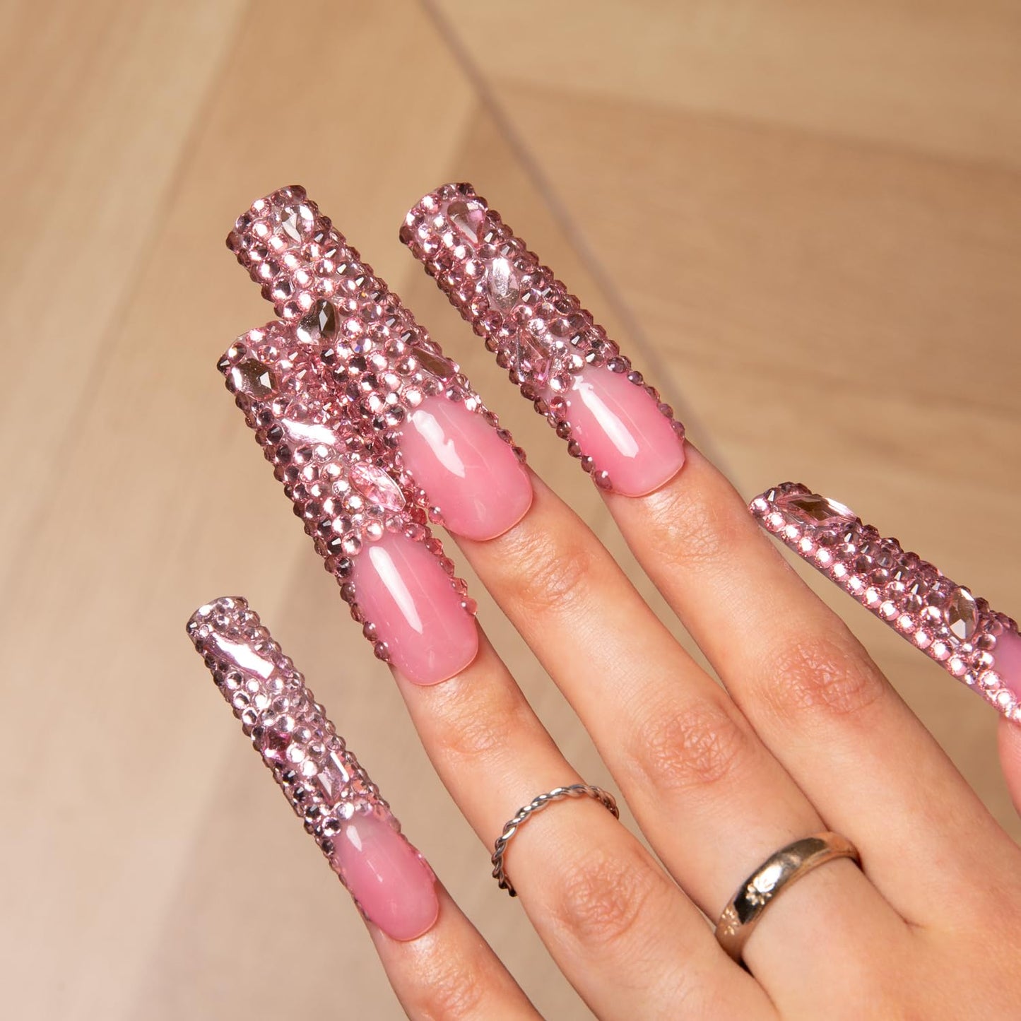 LOVFUL Press on Nails Pink French Tip Rhinestone | Handmade with Full Covered Crystals | Reusable Fake Nails | Square Long 2.2 in | H27-S