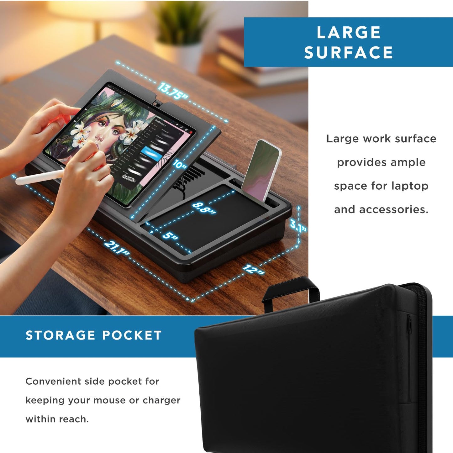 LAPGEAR Ergonomic Pro 2.0 Lap Desk with 9 Adjustable Heights, Built-in Mouse Pad & Phone Slot – Full Microbead Cushion, Storage Pocket – Fits Laptops up to 15.6" – Black – Style No. 49508