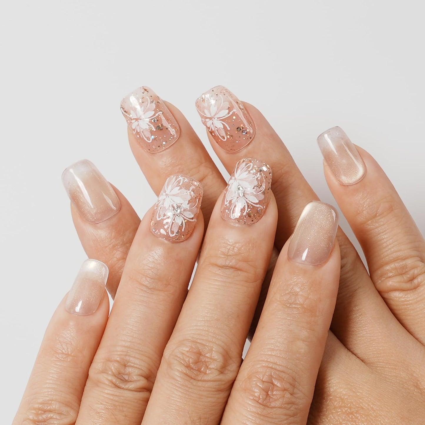 Tesytto Handmade Press on Nails Glitter Short Coffin, Nude Pink with Flower & Butterfly Pattern, Reusable Full Cover False Nails 10Pcs (Warm Glossy Dream,S)