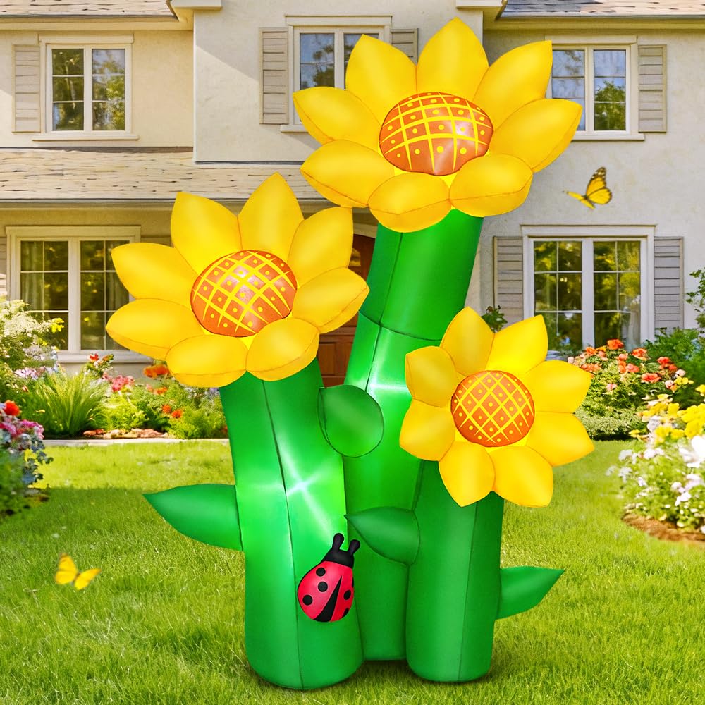 KOOY 6FT Spring Easter Inflatable Sunflowers Outdoor Decoration, Inflatable Sunflowers Blow Up Yard Decor Built-in LED Lights for Spring Summer Easter Yard Garden Lawn Party