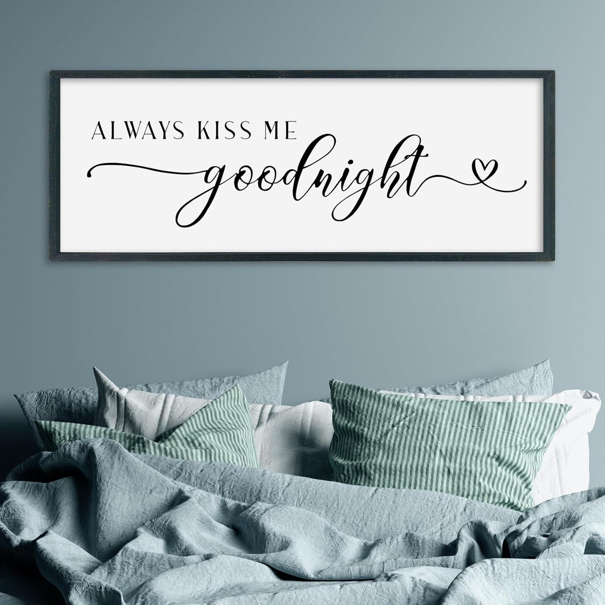SRSZHIYUE Always Kiss Me Goodnight Sign Wall Decor Art for Master Bedroom Above Bed 32"×12" Large Wood Framed Wall Hanging (Black)