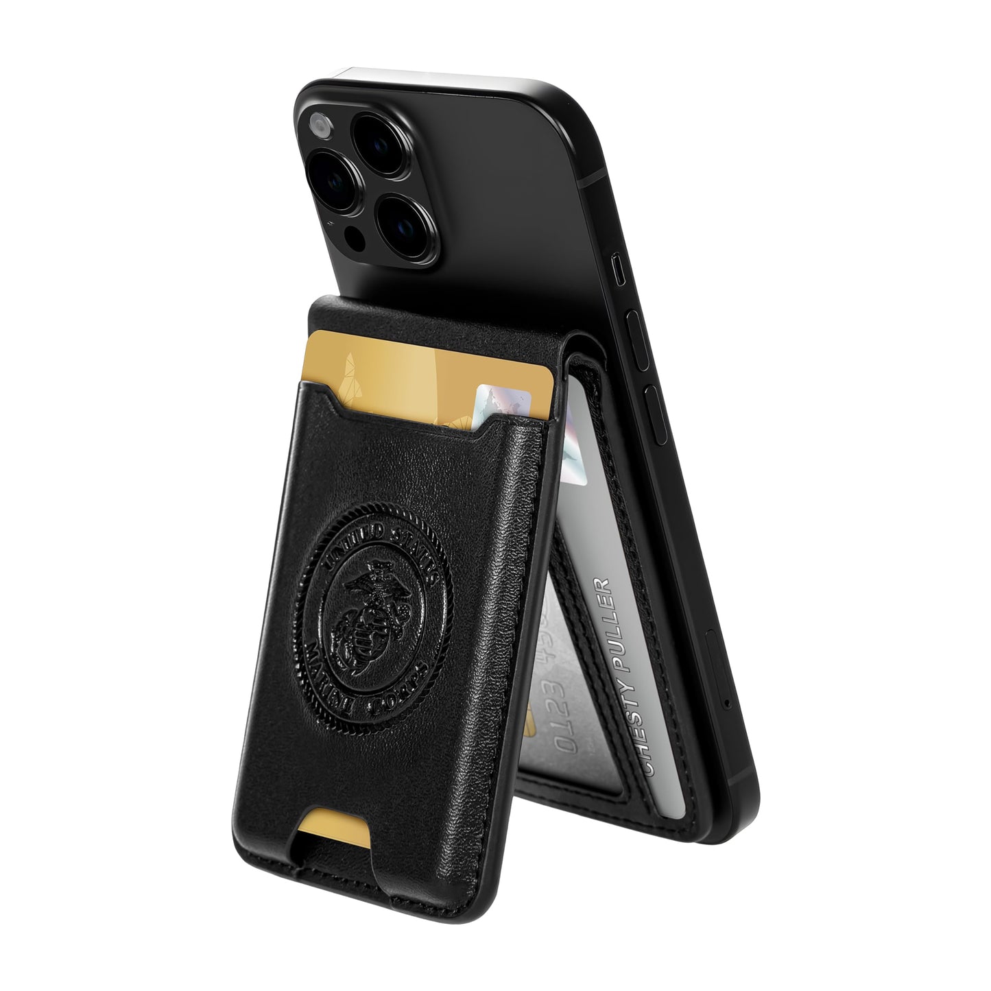 USMC Wallet with Kickstand for MagSafe – Black Leather Slim Card Holder with Embossed United States Marine Corps Logo | Marine Corps Gift – Compatible with iPhone USMC Wallet
