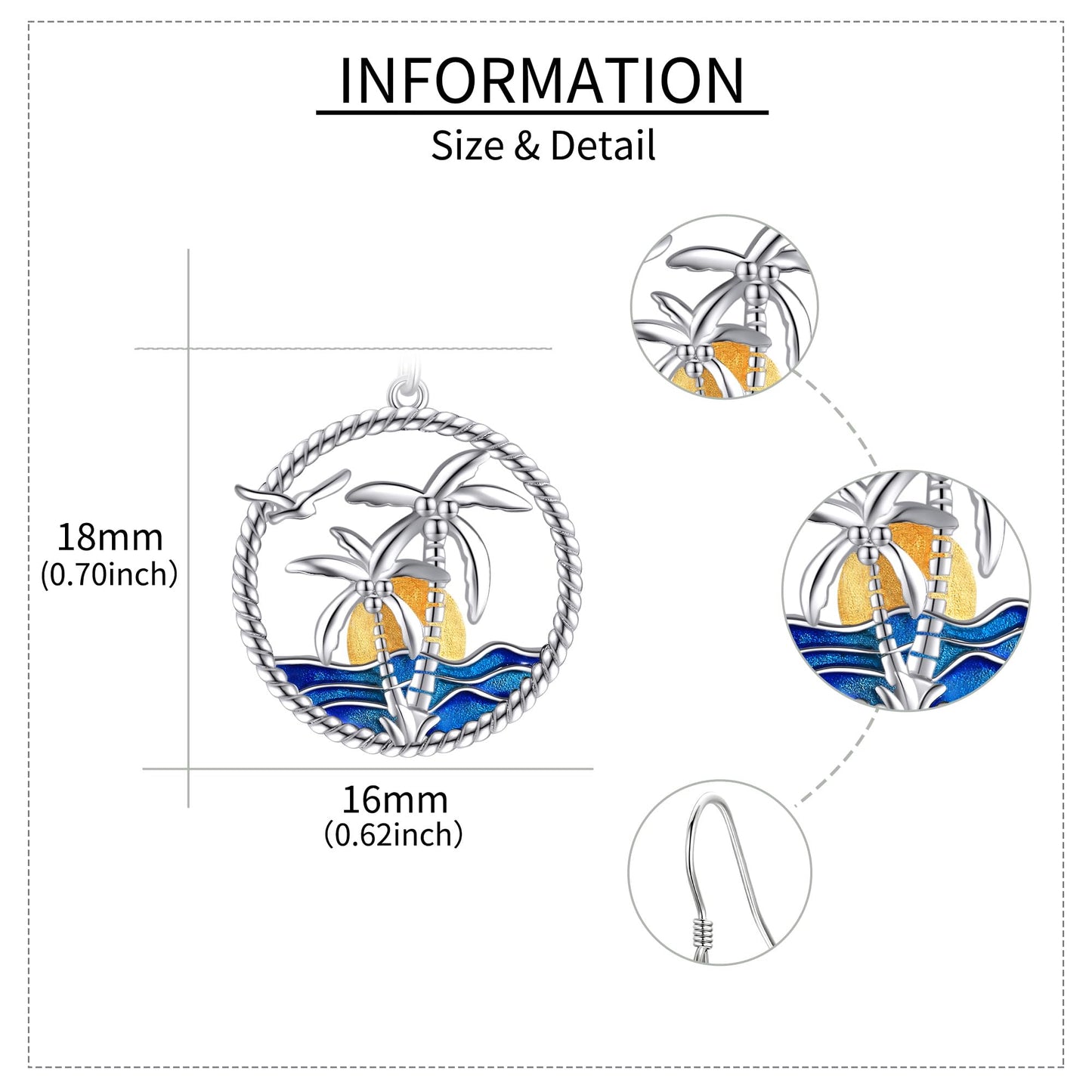 Palm Tree Dangle Earrings S925 Sterling Silver Coconut Tree Jewelry Palm Tree Earring Beach Sunrise Ocean Wave Earrings Gift For Women Female Birthday Gift