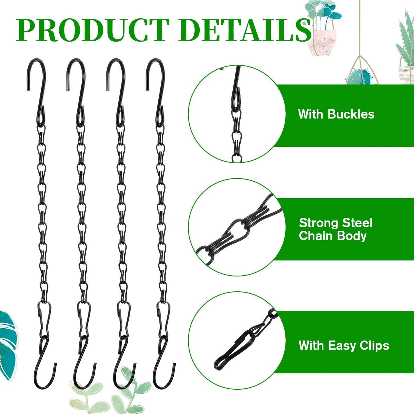 4 Pcs Chain for Hanging Plants, 10 Inch Plant Chains with Hooks, Black Adjustable Hanging Chain for Planters, Baskets, Bird Feeder, Birdbaths