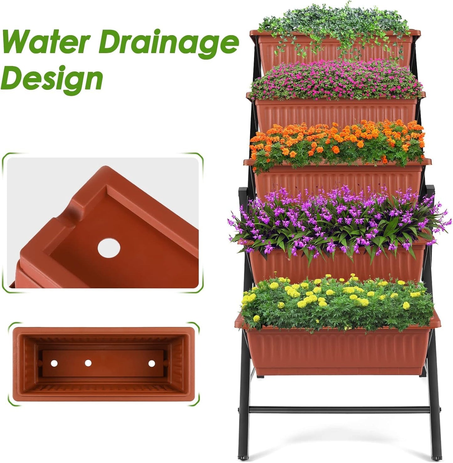 Suyncll 2 Pack Vertical Raised Garden Bed, 5 Tiers Elevated Planter Box with Drainage System and 4 Hooks, 4FT Vertical Planter for Herbs Vegetables Flowers, Dark Red