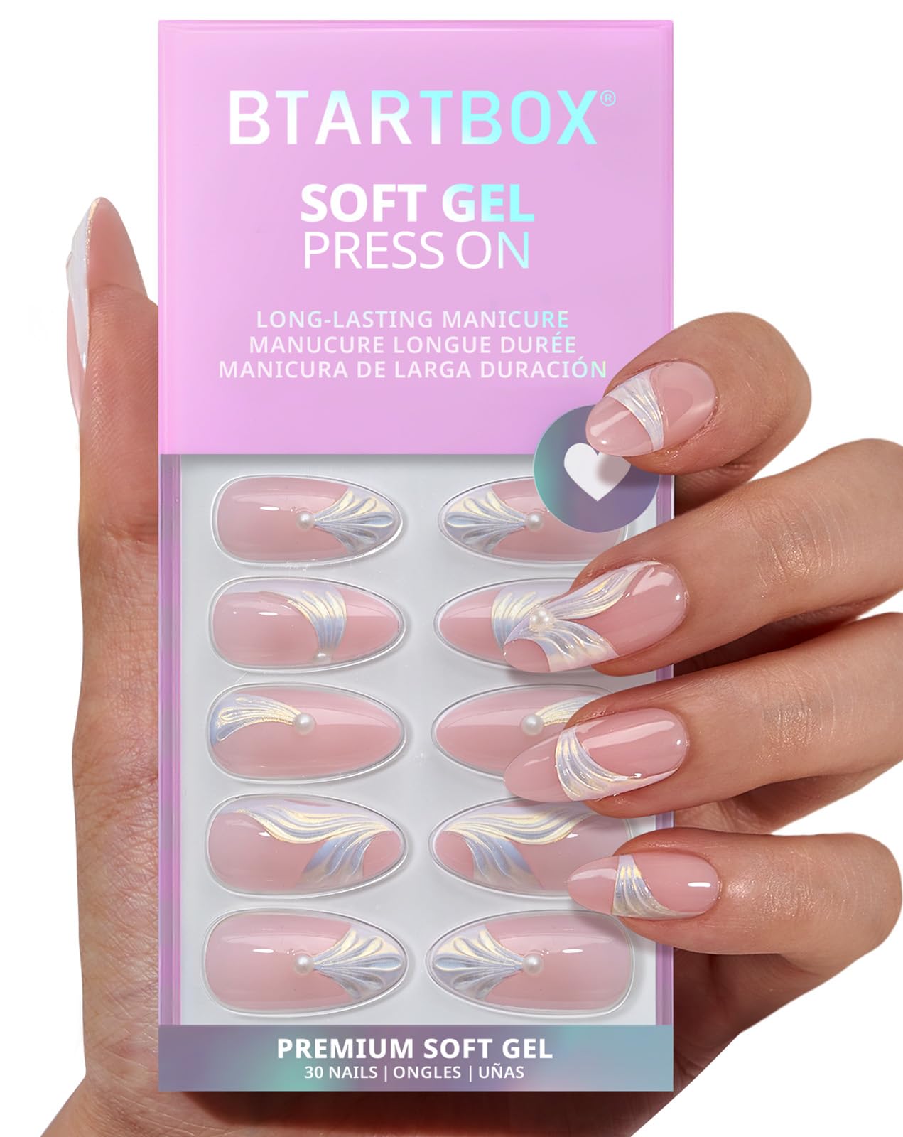 BTArtbox Press On Nails Medium - Pearlfin, Easy-to-Apply 3D Pearl Accents Almond Press On Nails with Glue and Adhesive Tabs in 15 Sizes - 30 Nails All-in-One Kit