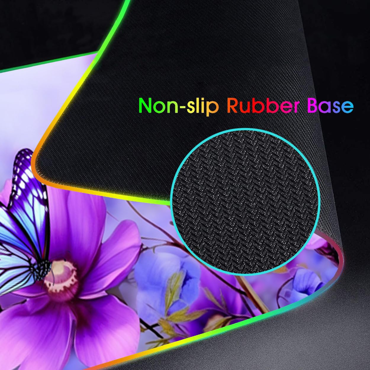 Bosness RGB Gaming Mouse Pad and Coffee Coaster, XXL Large Glowing LED Mousepad, Anti-Slip Rubber Base, Computer Keyboard Desk Mouse Mat 31.5 X 11.8 Inch - Purple Flowers and Butterfly
